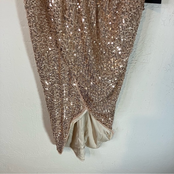 LULU’S Glamorous Arrival Rose Gold Sequin Midi Tulip Dress - Picture 6 of 13